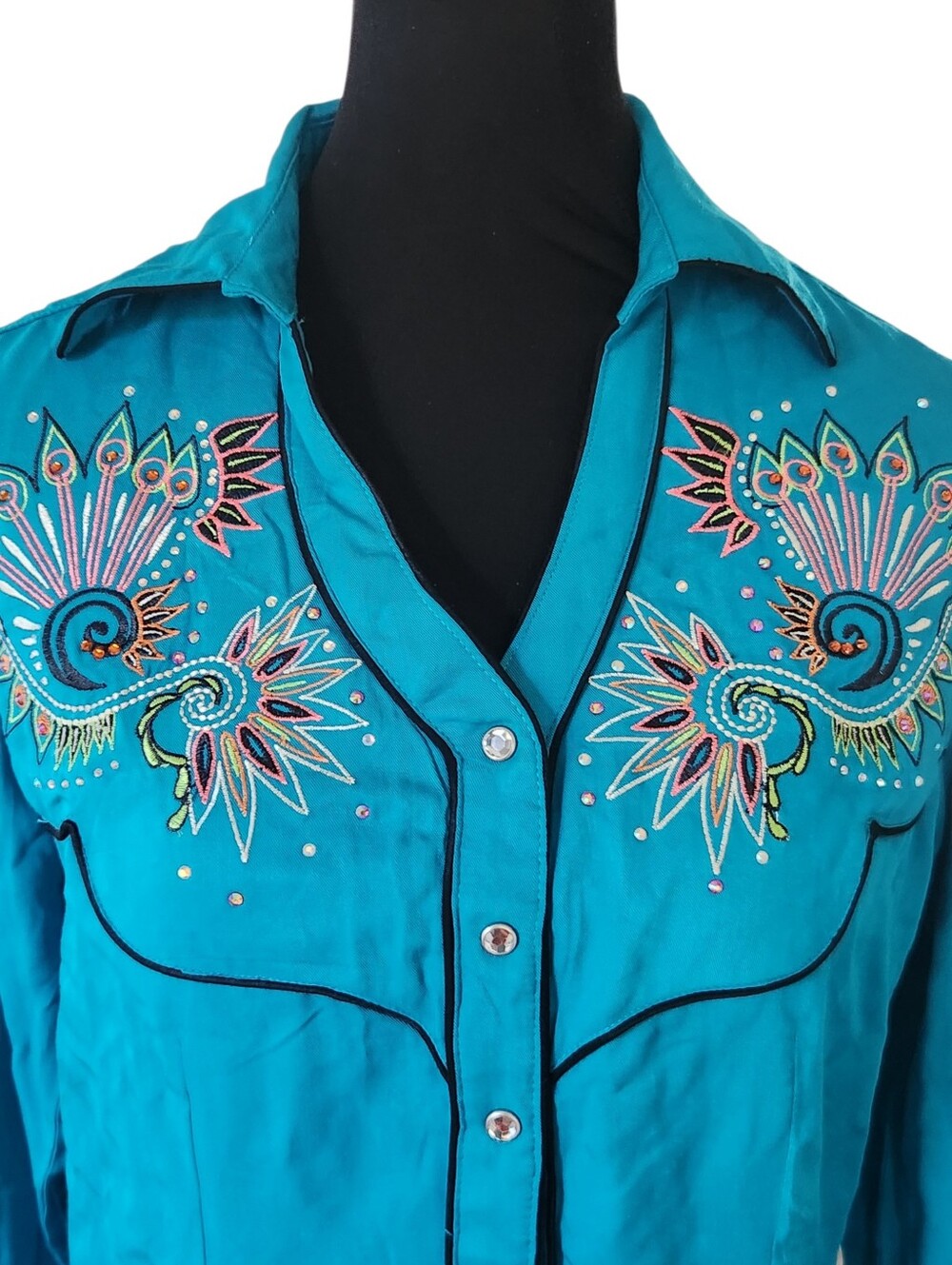 Wrangler Western Shirt Dress Small Turquoise Blue Long Sleeve Rodeo Embroidered - Picture 4 of 11